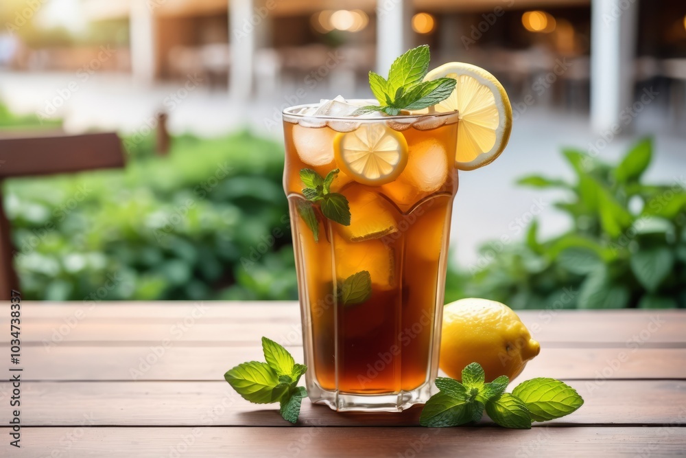 Iced lemon tea with fresh mint and lime on the wooden table at patio Iced lemon tea with fresh mint and lime on the wooden table at patio