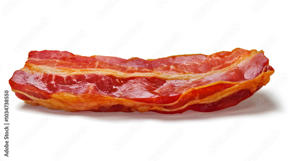 Thick Slice of Smoked Bacon, Crispy Edges, White Background, Studio Presentation, Mouthwatering Detail, Culinary Delight Thick Slice of Smoked Bacon, Crispy Edges, White Background, Studio Presentation, Mouthwatering Detail, Culinary Delight