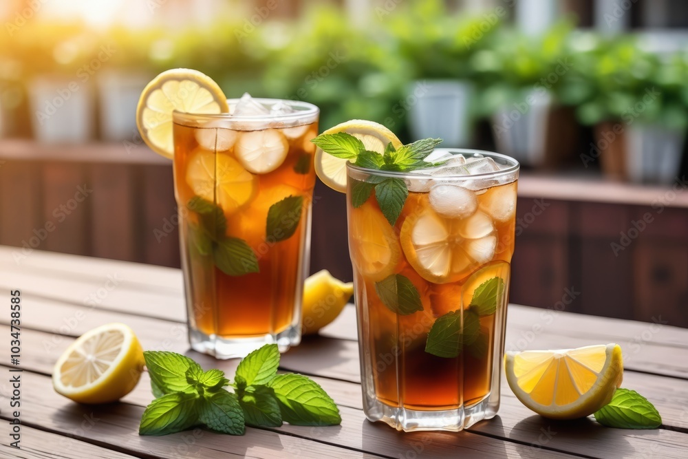 A refreshing glass of tea with lemon and mint on wooden table at garden A refreshing glass of tea with lemon and mint on wooden table at garden