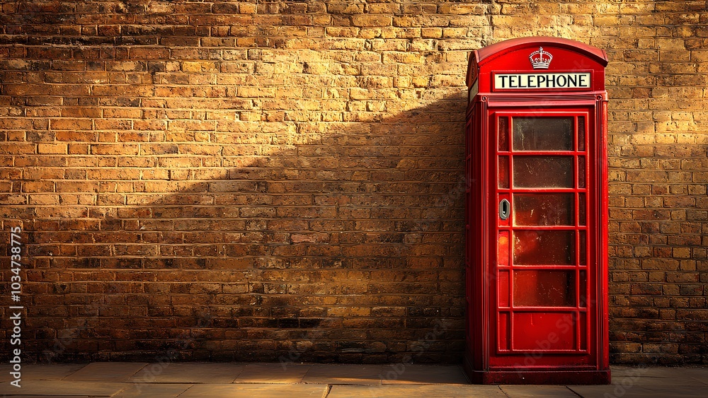 Obraz premium Classic Red British Telephone Booth Against a Vintage Brick Wall - Iconic UK Landmark