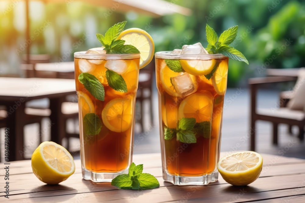 A refreshing glass of tea with lemon and mint on wooden table at garden A refreshing glass of tea with lemon and mint on wooden table at garden
