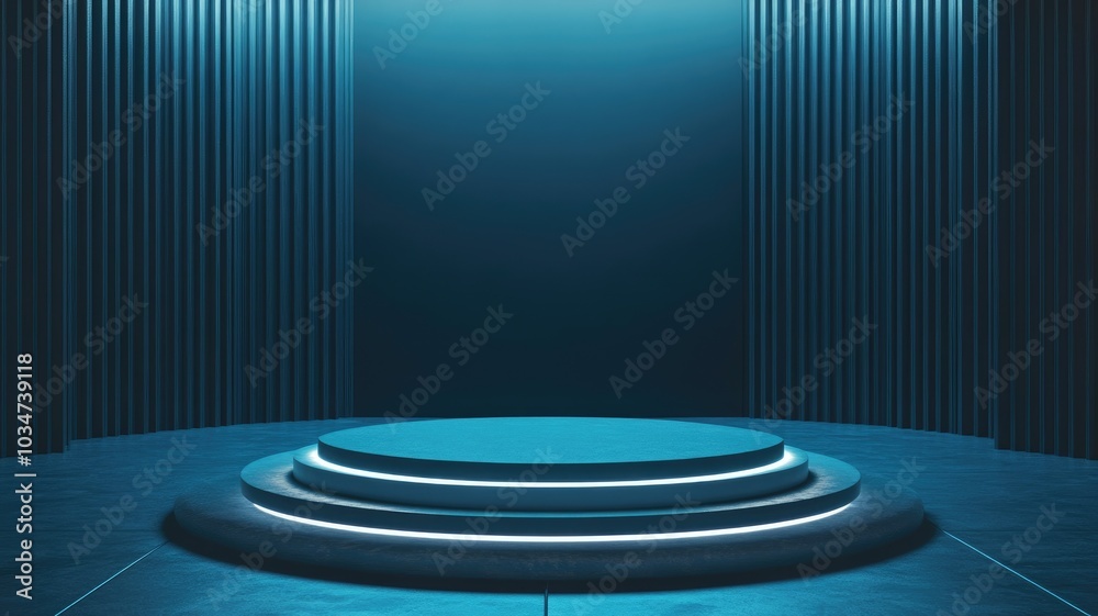 Fototapeta premium Illuminated Circular Platform with Blue Vertical Stripes