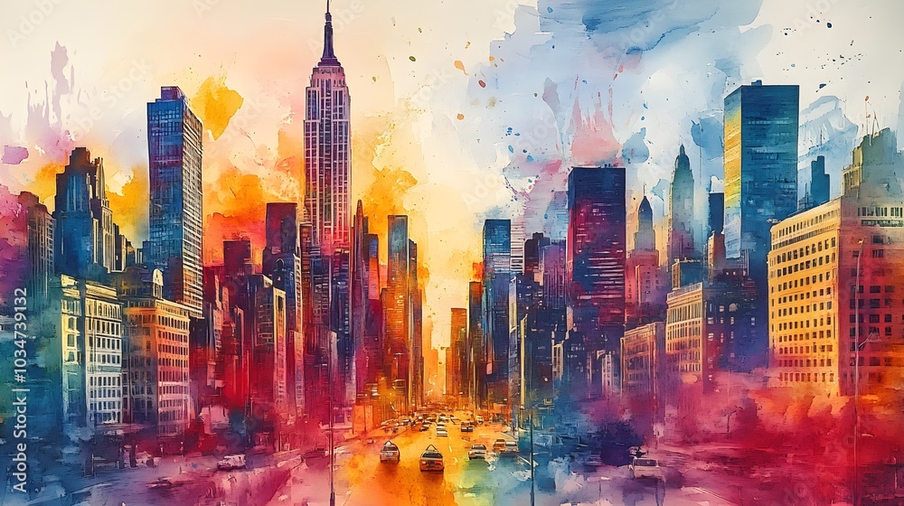 Towering skyscrapers painted in soft watercolor loom over streets covered in graffiti murals, each one telling a unique story of the city's culture Towering skyscrapers painted in soft watercolor loom over streets covered in graffiti murals, each one telling a unique story of the city's culture