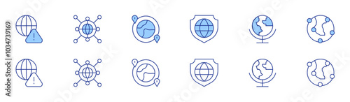 Global icon set in two styles, Duotone and Thin Line style. Editable stroke. protection, globe, globalization, alert, global network, travel