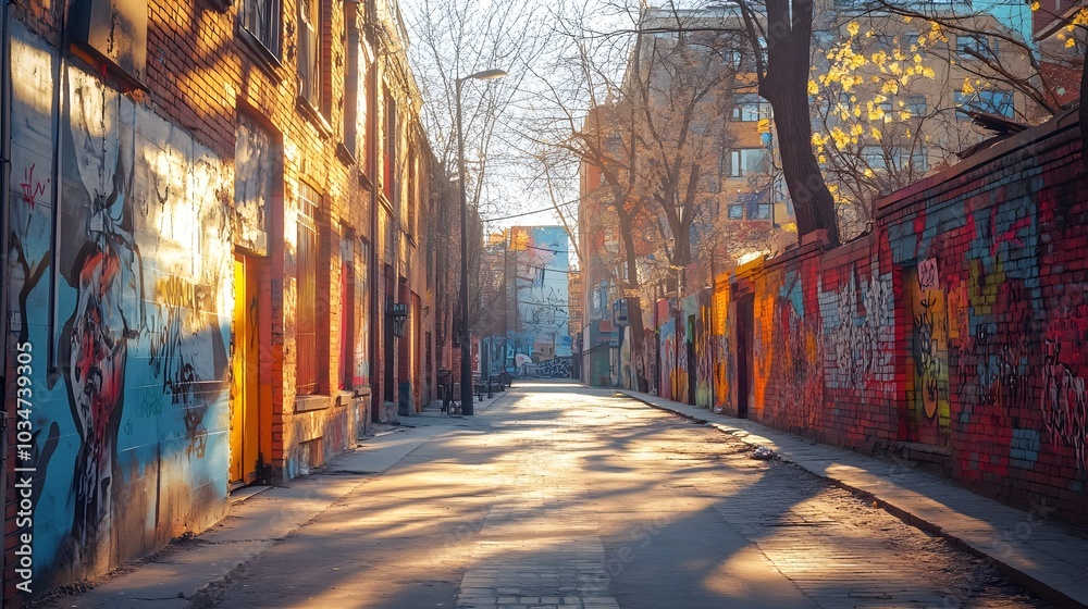 Fototapeta premium Sunlight glints off vintage high-rises, with colorful street art murals weaving through the cityscape, capturing the essence of retro urban culture