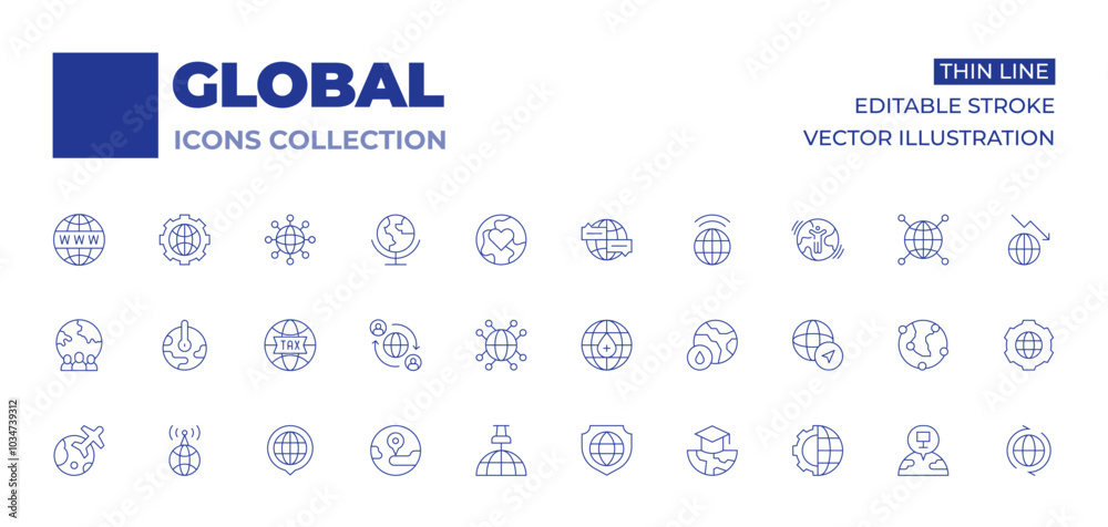 Global icons collection. Thin Line icons, editable stroke. global, pin, protection, globe, global network, global warming, globalization, relationship, travel, worldwide, knowledge Global icons collection. Thin Line icons, editable stroke. global, pin, protection, globe, global network, global warming, globalization, relationship, travel, worldwide, knowledge