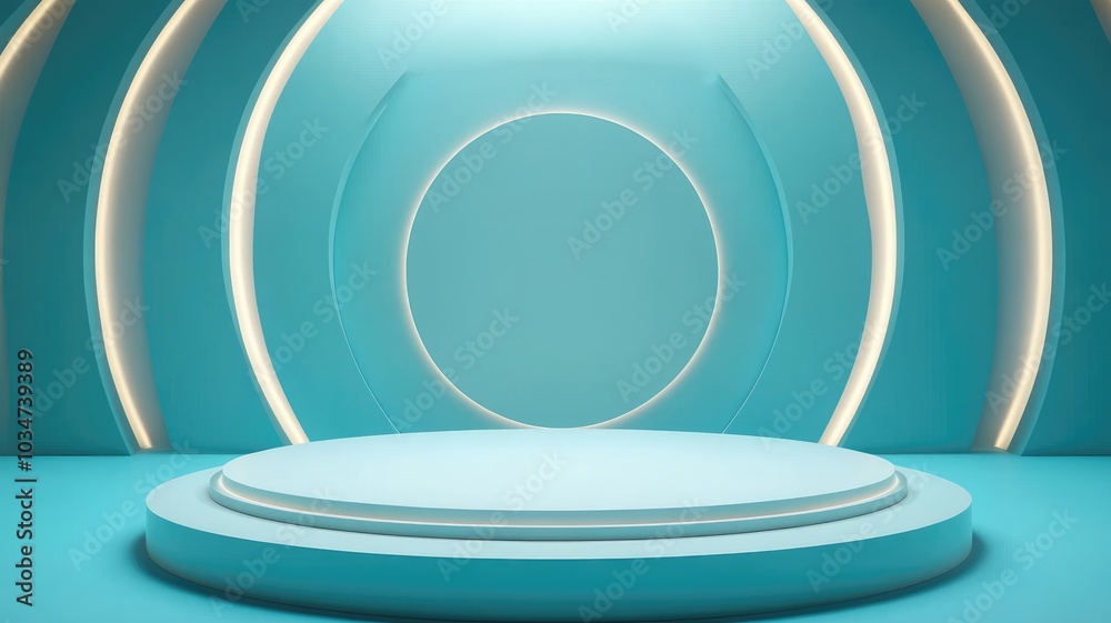 Obraz premium Abstract Blue Circular Platform with White Luminous Arcs