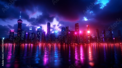 1980s neon city skyline with towering glass skyscrapers, street-level murals adding vibrant color to the scene, a perfect fusion of culture and progress