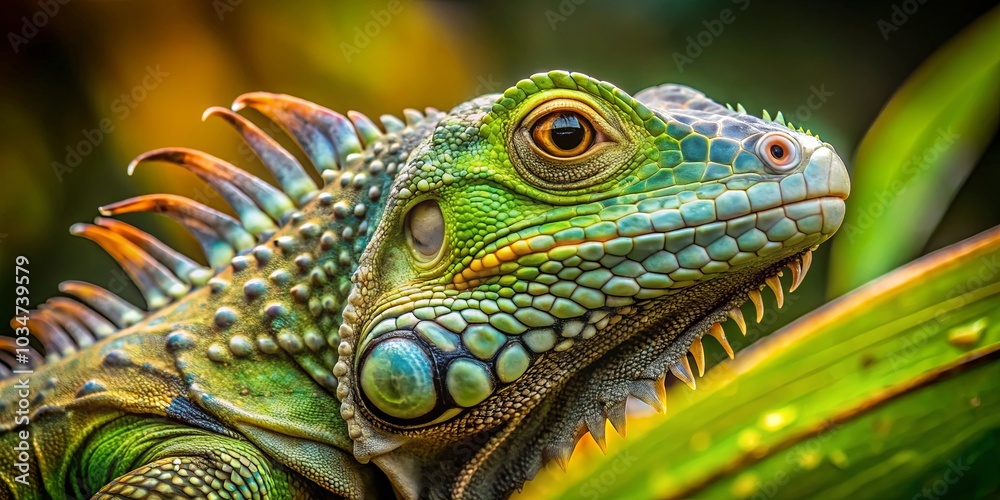 Fototapeta premium A close-up of a green iguana's face, revealing intricate scales and a watchful eye, the lizard's presence commanding attention amidst a lush green backdrop.