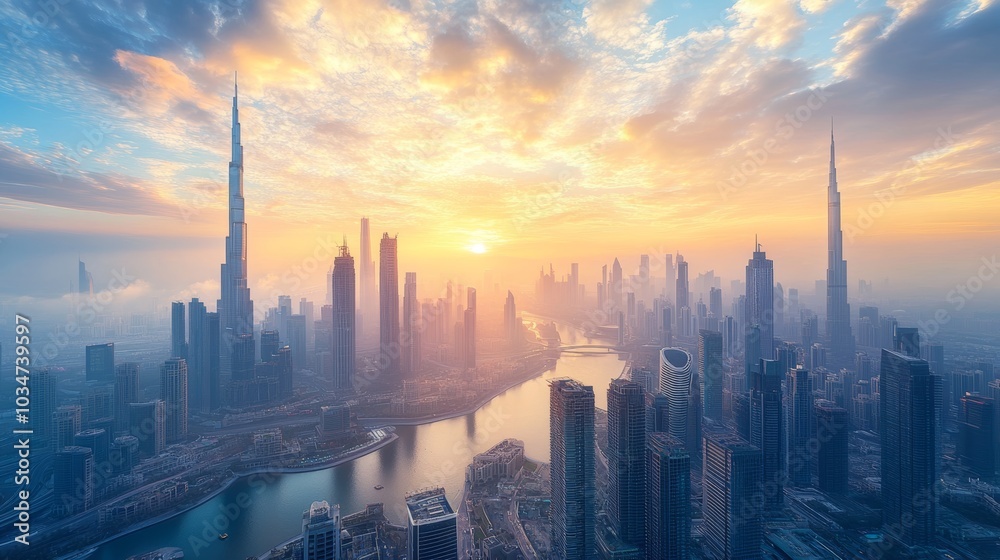 Fototapeta premium A dazzling futuristic skyline, towering skyscrapers dominate the horizon while the lower levels burst with street art, blending tech and artistic flair