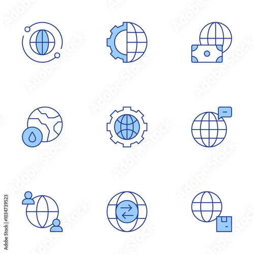 Global icons set. Line Duotone style, editable stroke. global, global communication, logistic, money, trade, global network, globe, connection, global economy