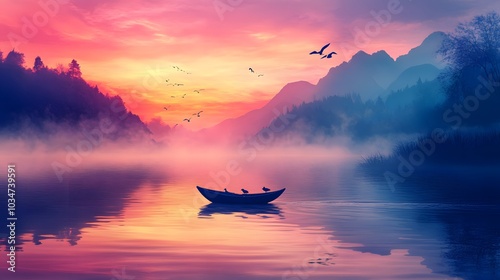 A peaceful river at sunrise, with mist rising from the water and reflections of the colorful sky on the surface