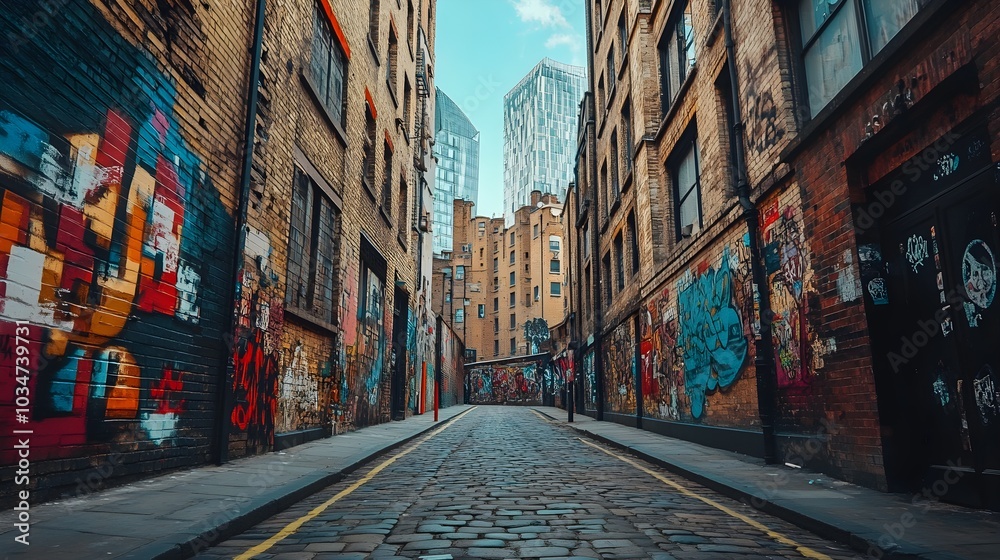 Fototapeta premium Vintage-style shot of bold street art sprawled across walls in the shadow of looming skyscrapers, a clash of creativity and architectural order