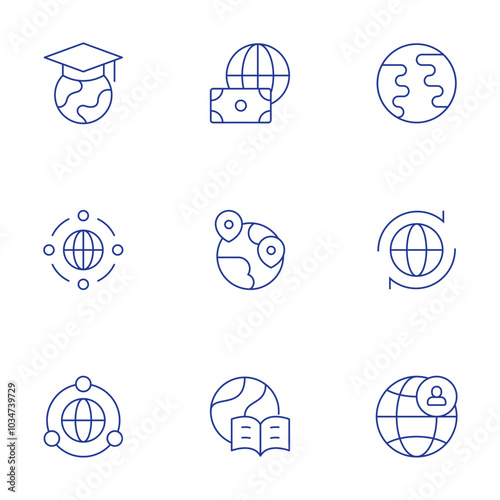 Global icons set. Thin Line style, editable stroke. earth, global, money, telecommuting, world, global education, global network, worldwide