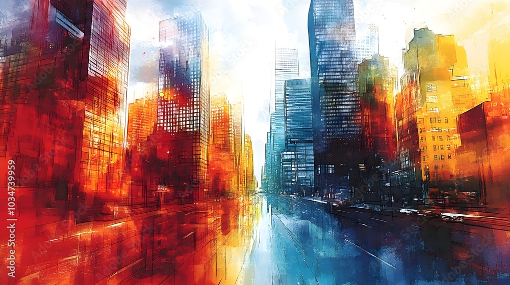 Fototapeta premium Urban sunlight dances across glass skyscrapers, street art wrapping their foundations in bold splashes of watercolor, capturing city vibrancy