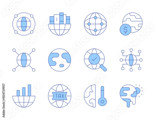 Global icons. Line Duotone style, editable stroke. earth, global, global economy, global network, global warming, global research, communications