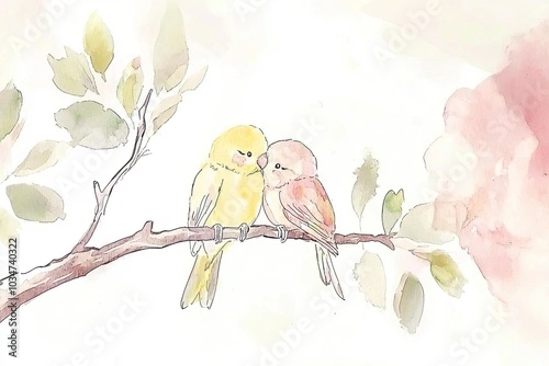 Two colorful lovebirds perched on a branch, soft watercolor background.