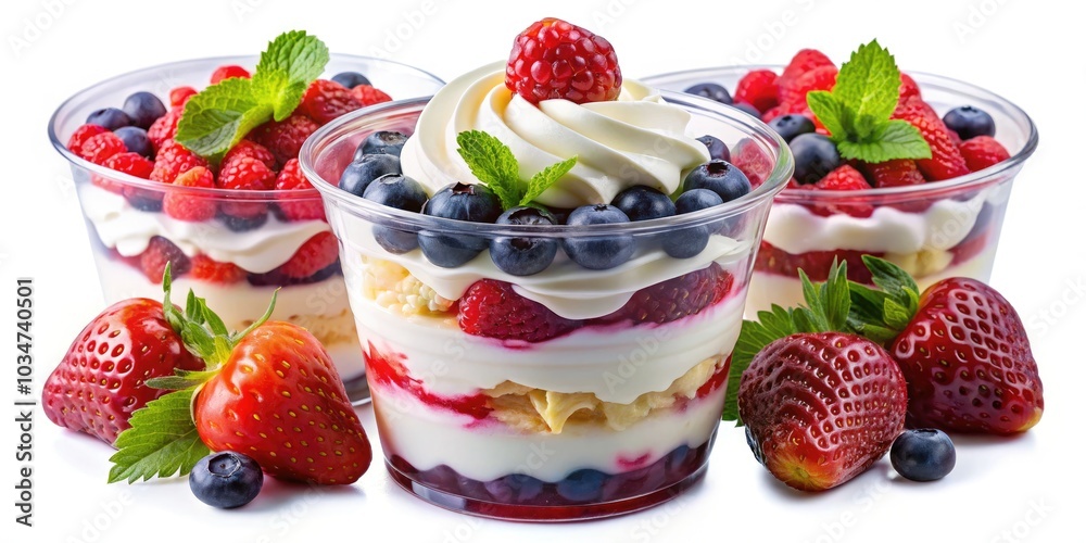 Delicious Parfait Yogurt Dessert with Mixed Berries and Whipped Cream in Plastic Cup Isolated on Transparent Background for Food Photography Delicious Parfait Yogurt Dessert with Mixed Berries and Whipped Cream in Plastic Cup Isolated on Transparent Background for Food Photography