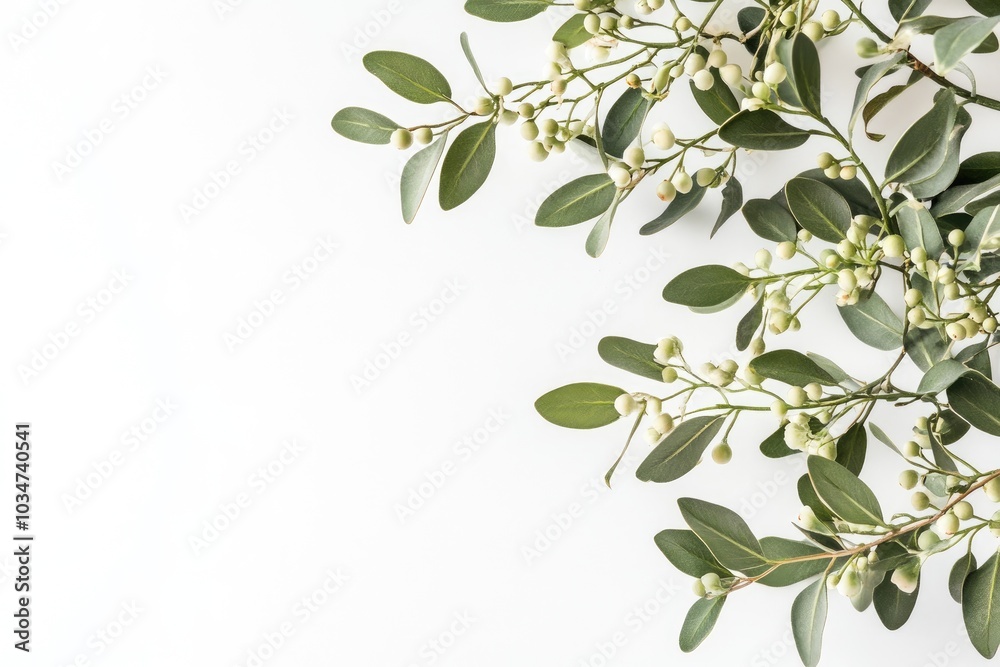 Green Branch with White Berries on White Background Green Branch with White Berries on White Background