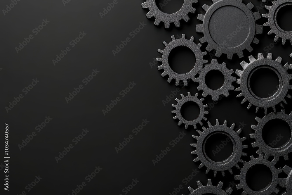 Black gears arranged on a dark surface, ideal for technology and manufacturing themes. Black gears arranged on a dark surface, ideal for technology and manufacturing themes.