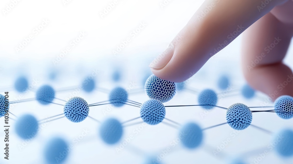 Close-up of a finger touching a blue molecular structure, representing scientific exploration and innovation. Close-up of a finger touching a blue molecular structure, representing scientific exploration and innovation.