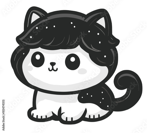 Cute vector illustration of a black and white cartoon cat with a fluffy tail and big eyes. Perfect for animal lovers, pet-themed designs, and playful artwork.