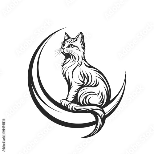 Detailed vector illustration of a long-haired cat sitting on a crescent moon, combining elegance and mystery. Ideal for animal lovers, fantasy, and celestial-themed designs. 