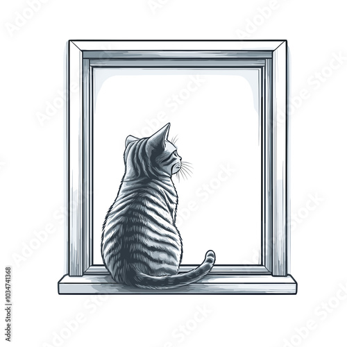 Serene vector illustration of a tabby cat sitting on a windowsill, gazing out with a peaceful demeanor. Ideal for pet lovers and calm, home-themed designs.