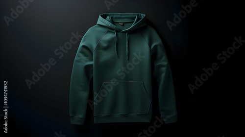 A teal hoodie displayed against a dark background, showcasing its design and features.