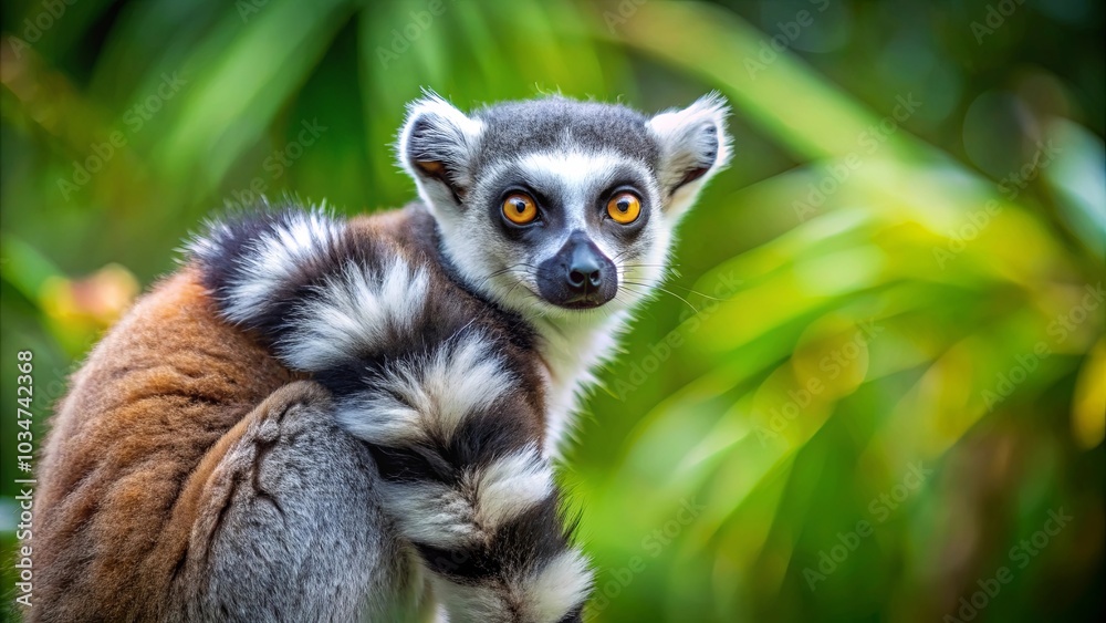 A curious lemur with captivating amber eyes peers from behind its fluffy tail, its black and white striped coat blending seamlessly with the verdant background.