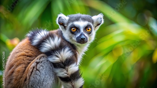 A curious lemur with captivating amber eyes peers from behind its fluffy tail, its black and white striped coat blending seamlessly with the verdant background.