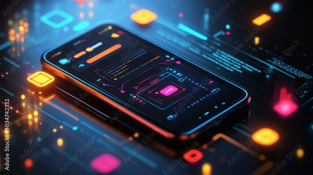 Close-up, overhead shot of mobile feedback system in action, vibrant user interface with clear icons, dynamic concept Close-up, overhead shot of mobile feedback system in action, vibrant user interface with clear icons, dynamic concept