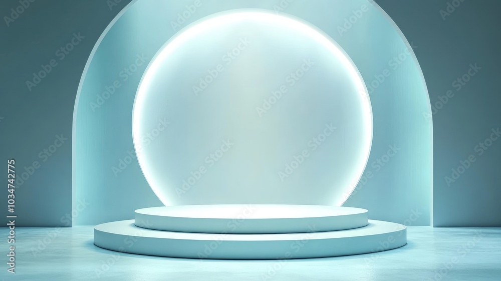 Two-Tiered Circular Platform in a Minimalist Blue and White Setting Two-Tiered Circular Platform in a Minimalist Blue and White Setting