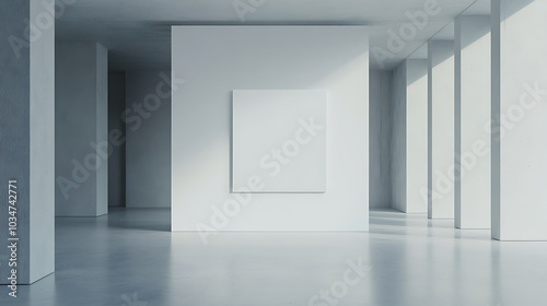 Minimalist art gallery with white walls and single blank canvas, creating serene and contemplative atmosphere. spacious design emphasizes simplicity and elegance