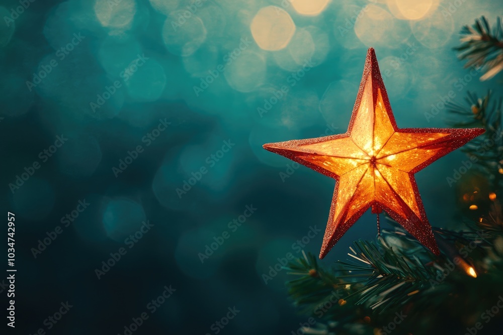 A Glittering Star Ornament on a Christmas Tree Branch with Blurred Lights in the Background A Glittering Star Ornament on a Christmas Tree Branch with Blurred Lights in the Background