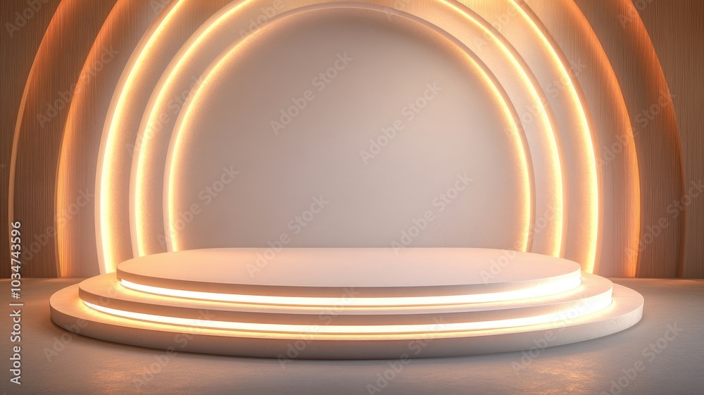 Fototapeta premium White Circular Platform with Glowing Edges and Wooden Background
