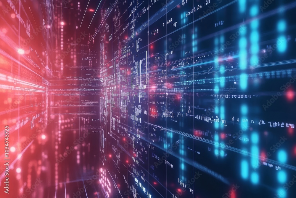 A digital tunnel of binary code with red and blue lights. A digital tunnel of binary code with red and blue lights.
