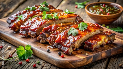 A glistening array of barbecued ribs, delicately glazed with a tangy sauce, rests on a rustic wooden board, garnished with fresh herbs and peppercorns.