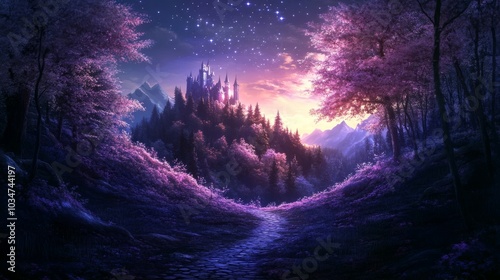 Enchanted forest with a cobblestone trail, luminous pink blossoms glowing softly, leading towards a shimmering fairytale castle beneath a twinkling starry sky