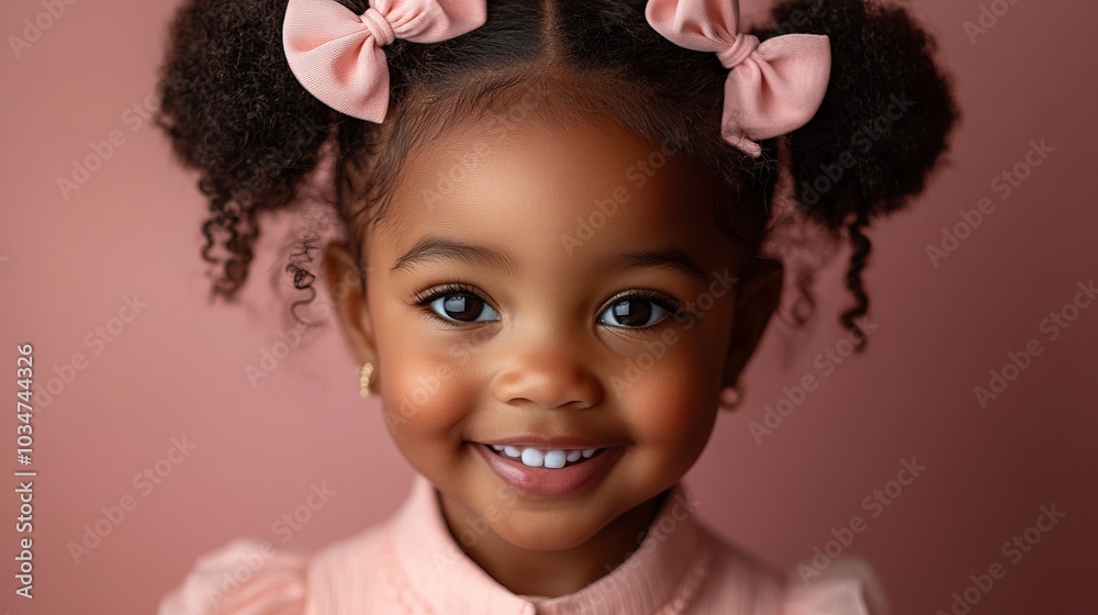 Adorable Little Girl with Pink Bows Smiling Joyfully Adorable Little Girl with Pink Bows Smiling Joyfully