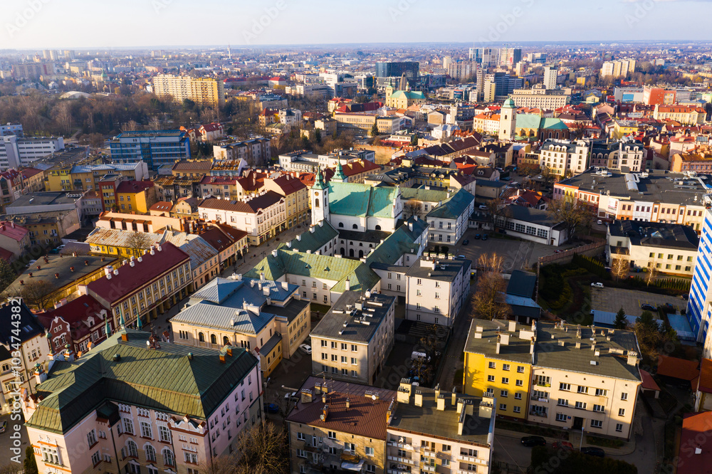 Fototapeta premium Aerial view of historical part of Rzeszow town at day, Poland