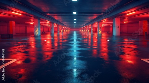 A modern underground parking garage illuminated with red and blue lights reflecting on wet floors.