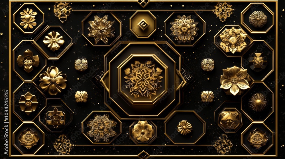Golden Geometric Floral Pattern on Black Background Golden Geometric Floral Pattern on Black Background