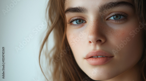 A woman gazes directly at the viewer, showcasing her beautiful blue eyes and flawless skin, illuminated by gentle indoor lighting, creating an intimate atmosphere