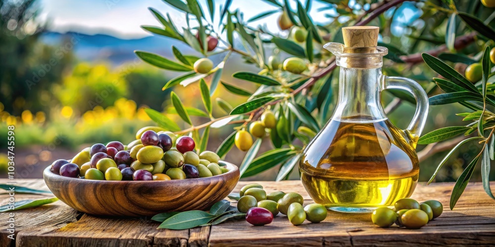 Extra Virgin Olive Oil Bottle with Glass and Fresh Olives Surrounded by Olive Tree Branches - Natural Ingredients, Mediterranean Cuisine, Healthy Cooking, Olive Oil Benefits Extra Virgin Olive Oil Bottle with Glass and Fresh Olives Surrounded by Olive Tree Branches - Natural Ingredients, Mediterranean Cuisine, Healthy Cooking, Olive Oil Benefits