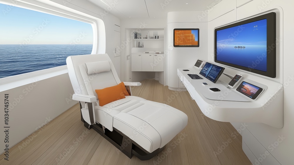 Modern Yacht Interior with White Recliner and Sea View Modern Yacht Interior with White Recliner and Sea View