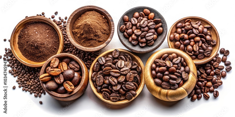 Flat Lay of Roasted Coffee Beans and Various Coffee Grinds in Wooden Bowls on White Background for Coffee Lovers and Baristas, Macro Photography Showcasing Aroma and Texture Flat Lay of Roasted Coffee Beans and Various Coffee Grinds in Wooden Bowls on White Background for Coffee Lovers and Baristas, Macro Photography Showcasing Aroma and Texture