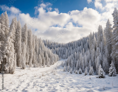 A forest of pine trees that grow in rows at different heights when snow falls. Some trees are covered with thick snow and the ground is completely covered with snow in winter