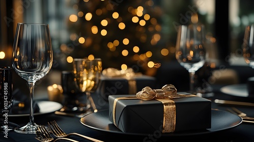 Black matte gourmet food packaging with golden accents, placed on a chic dining table, dim warm lighting, crystal glassware in the background, cinematic shot photo