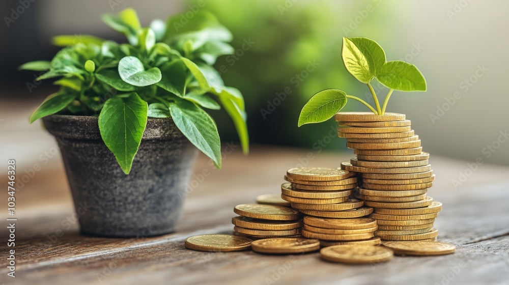 Growing Money Concept Plant Sprouting from Coins on Wooden Table Growing Money Concept Plant Sprouting from Coins on Wooden Table